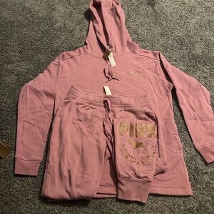 NWT VS PINK Hoodie & Joggers Set Gold Glitter Graphics Small